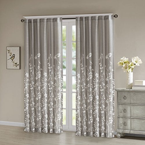 Madison Park - Tunisia Window Curtain - Grey - 50(W)" X 84(L)" Panel - Single Unit - Botanical Print - With Rod Pocket & Back Tabs Top