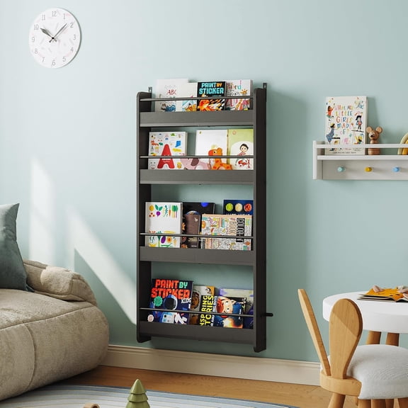 Kids Bookshelf, 4-Tier Wall Mount Bookshelf for Kids, Behind The Door Bookshelf, Hanging Book Shelf for Kids Room, Playroom, Bedroom, Living Room, Black KBBK7601
