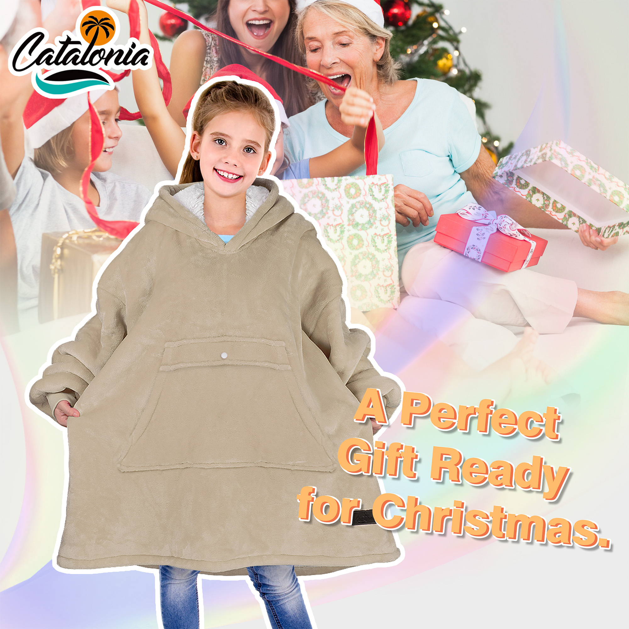Catalonia Blanket Hoodie for Kids, Oversized Wearable Fleece Sweatshirt Pullover for 7-16 yr Teens Youth, Kids Gift Idea, Latte