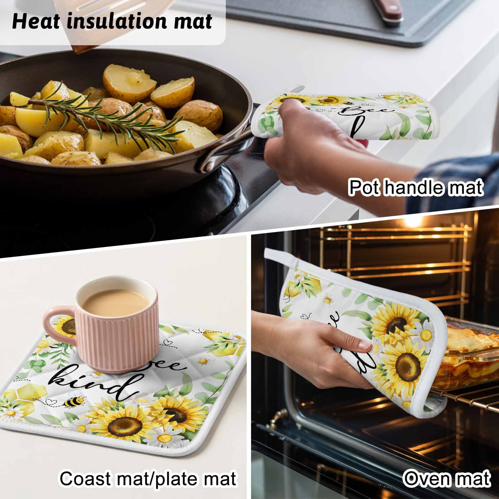 Sunflower Floral Pot Holders for Kitchen Heatproof Potholder, 4 Pack Farmhouse Pastoral Daisy Bees Botanical Hot Pads Multipurpose Oven Pads Cloth Potholders Trivet for Cooking and Baking