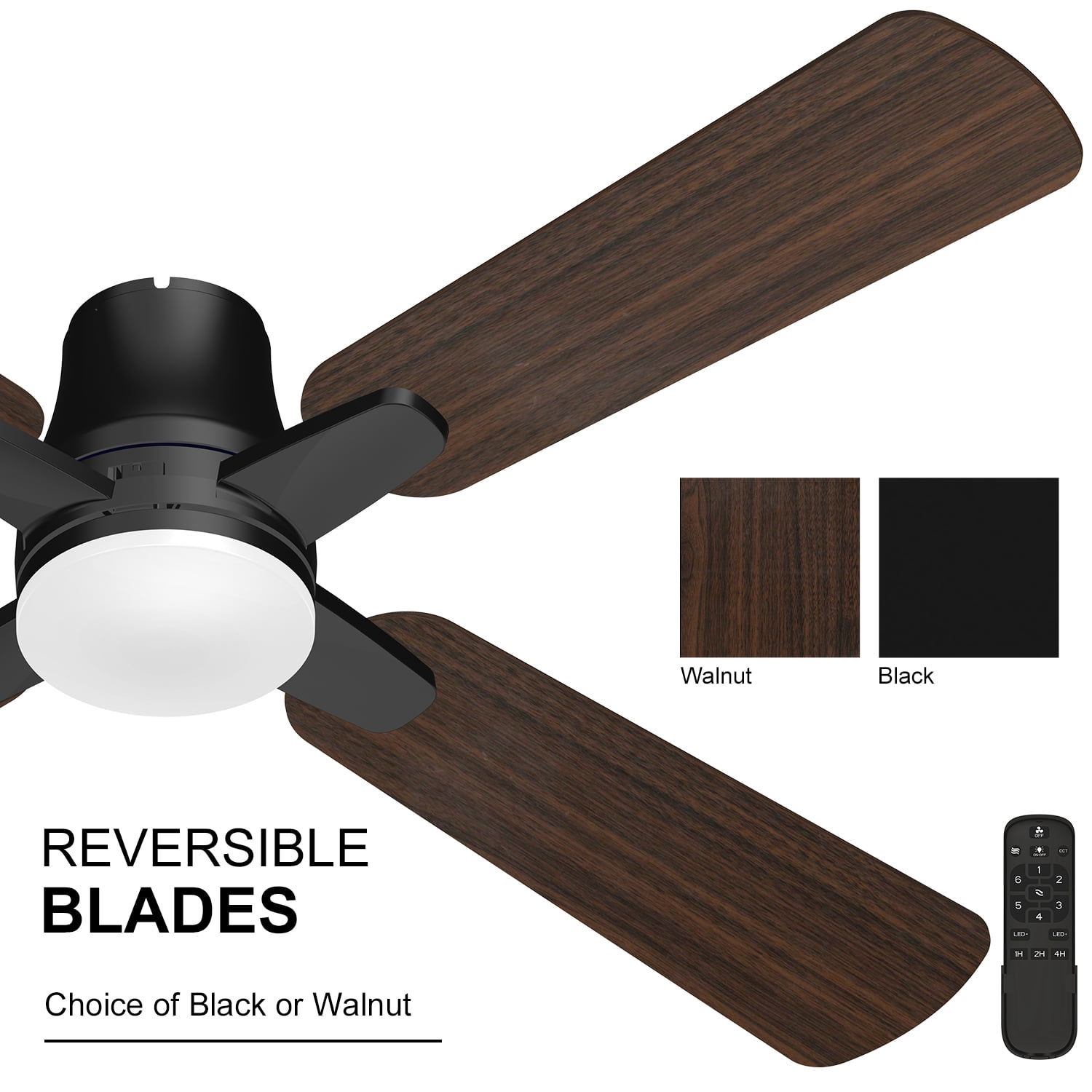 Mainstays 52 Inch Hugger Ceiling Fan With LED Light and Remote Control, Black, Quiet DC Motor
