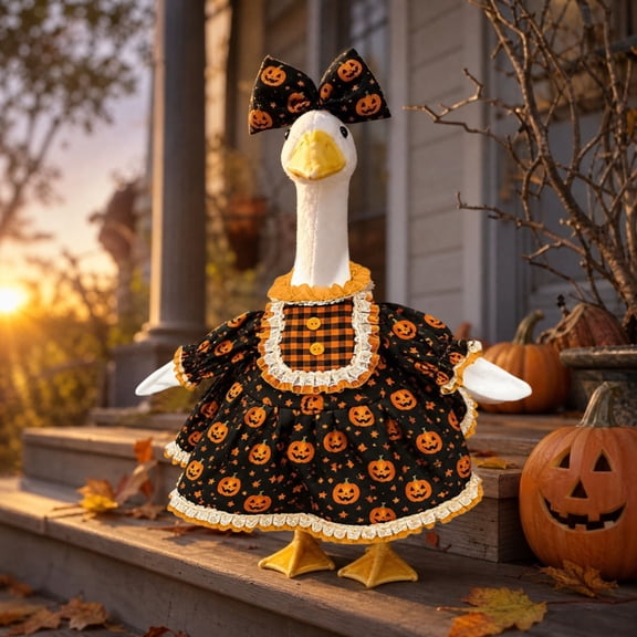 Halloween Goose Costumes Set, Pumpkin Print Lace Dress And Bow Headwear, Spooky Porch Goose Outfit, Fall Yard Garden Decor, Cute Lawn Ornament Clothing