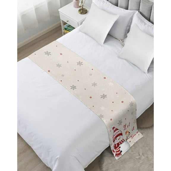 Red Christmas Snowman Bed Runner for King Size Bed, Xmas Snowflake Birds Bedspread Protector Slipcover Bed Scarf for Foot Bed Runners & Scarves for Bedroom Hotel Wedding Room 102x20 Inches