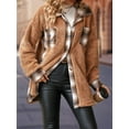 thumbnail image 5 of Women Fleece Button Down Plaid Long Coat Lapel Hooded Fleece Lined Jacket Fashion Color Block Tops Camel Color M, 5 of 8