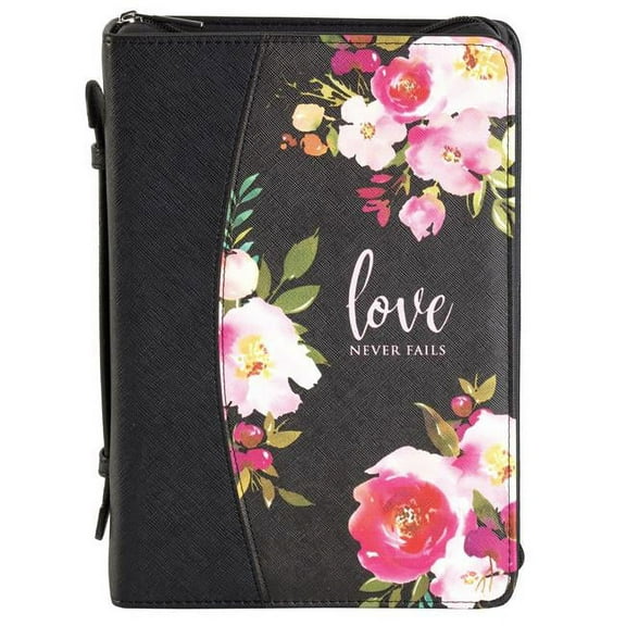 White Dove Designs 256894 Love Never Fails Bible Cover, Black & Floral - Large