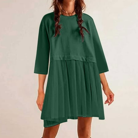 Ftwytp Women s Fashion Summer Casual Solid Color 3/4 Sleeve Round Neck Dress Casual Summer Dresses For Women Bustier Lingerie Corset Top Steampunk Skirt Green