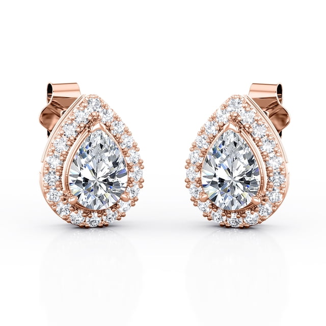 Aros Tipo Botón JeenMata con Halo de Moissanita En Forma de Pera 1,1 Quilates Baño de Oro Rosa de 18 K sobre Plata