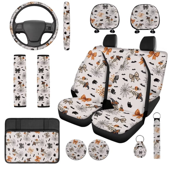 XYZCANDO Spider Web Halloween Bow 14 Pcs Car Seat Covers Full Set Steering Wheel Cover Center Console Pad Seat Belt Covers Headrest Covers for Most Cars SUVs Sedans