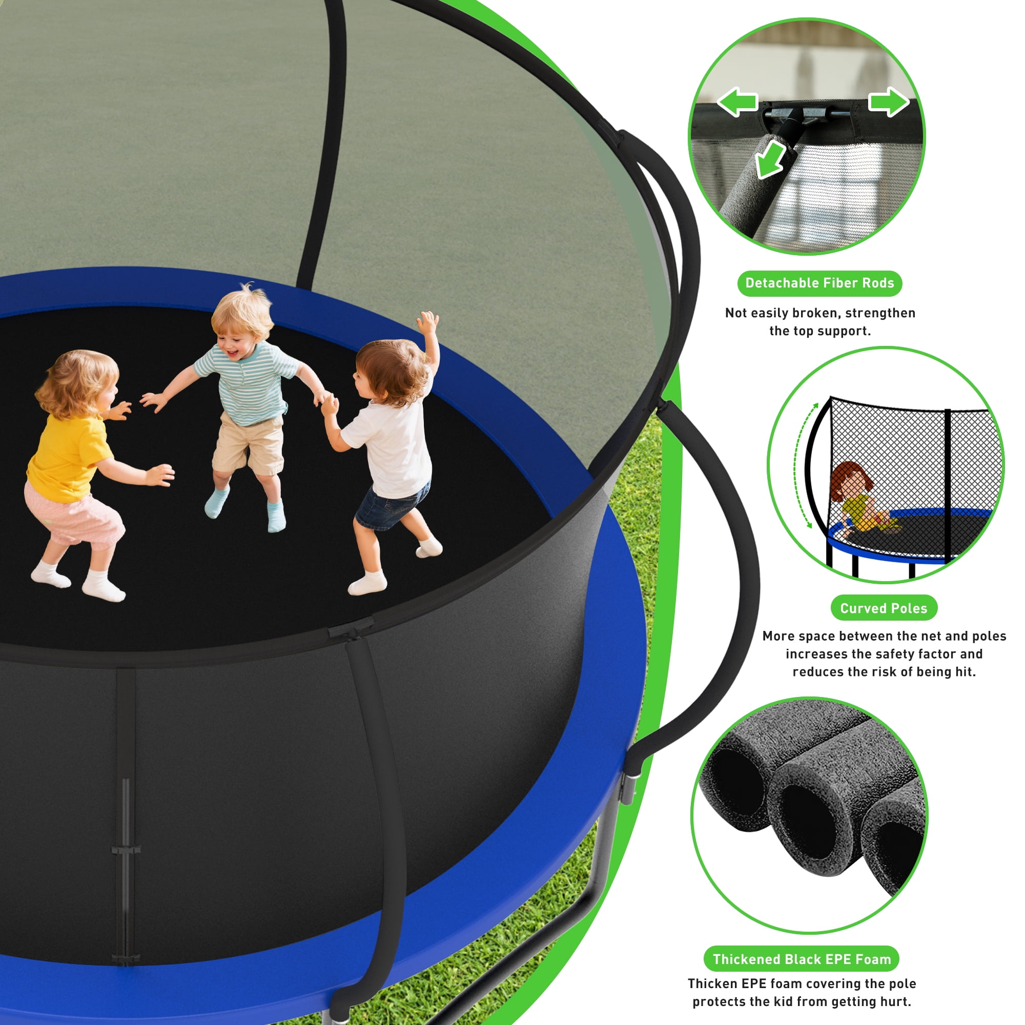 XMIKA 12FT Trampoline with Enclosure, Basketball Hoop, Ladder, Outdoor Trampolines, Heavy Duty Galvanized Full Spray Round Backyard Trampoline for Adults and Kids, 1200lbs Loading, Blue