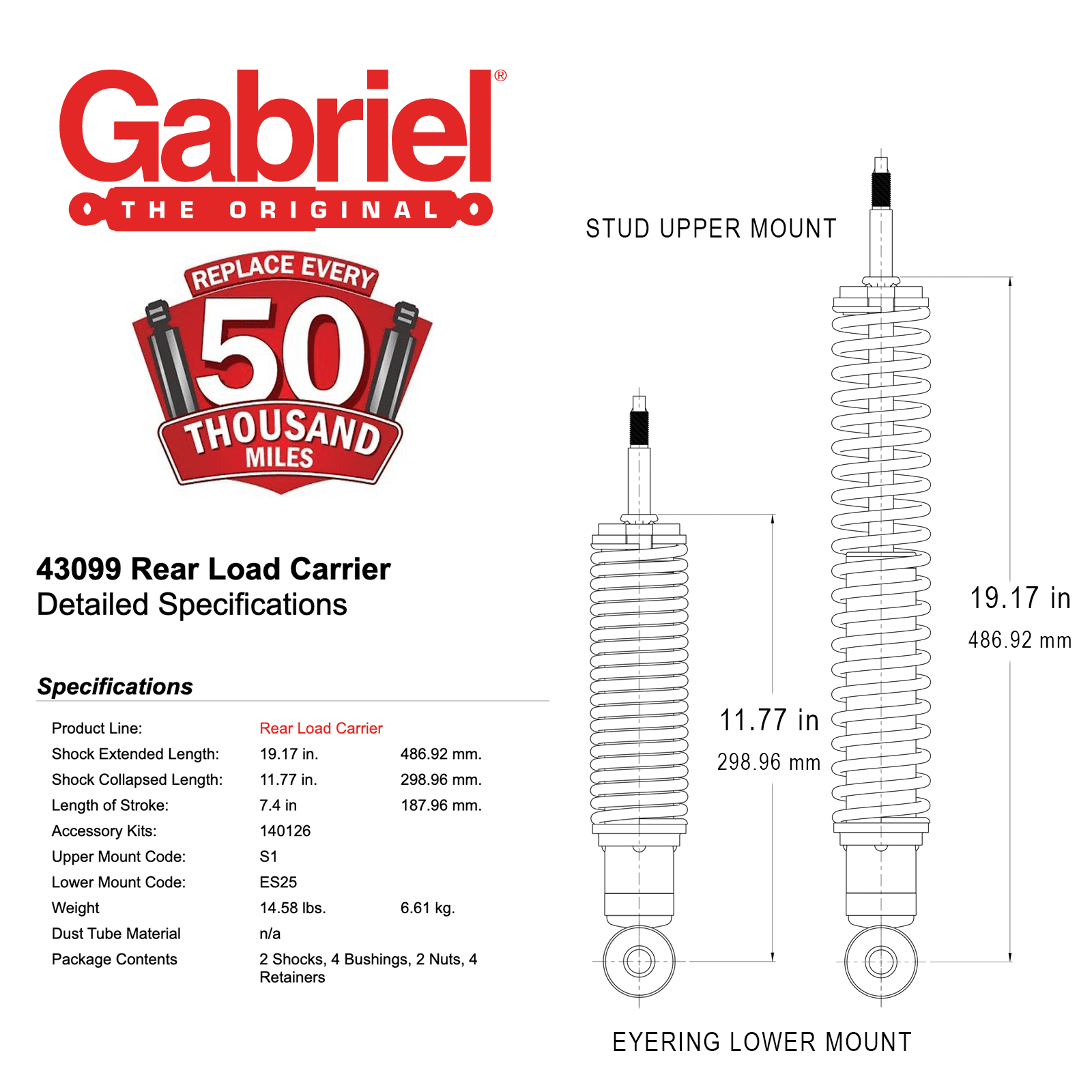 Gabriel 43099 Load Carrier Rear Towing Shock Absorbers Fits Ford F-100, F-150, F-250, F-350, E-100 Econoline, E-150, Bronco; Chevrolet Chevy; International Scout II (1 Pair)