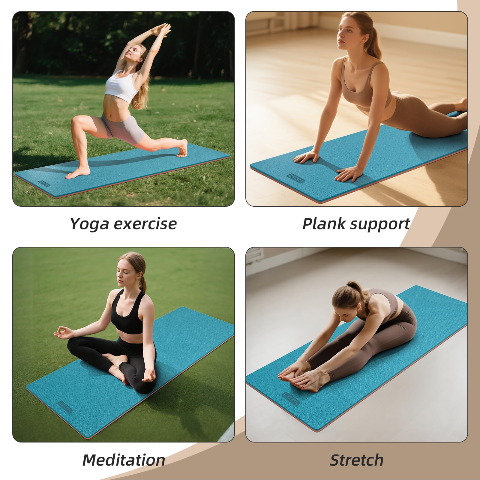 BAIMA TPE Yoga Mat - Tear-Resistant, Lightweight, Non-Slip Double-Sided Exercise Mat with Carry Strap(Lakeblue+Orange)