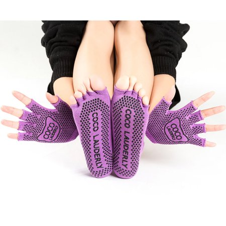 Training Non Slip Compression Socks Sports Accessories Football Fitness Gloves Cycling Sports Five-toed Socks Socks and Gloves Set Half Finger Gloves Yoga Glove & Sock Set PURPLE OPEN-TOED SOCKS