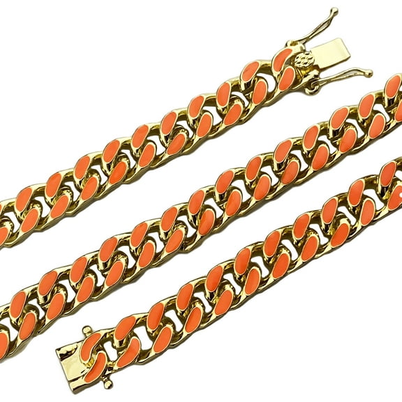 Men's 14K Gold Plated Miami Cuban Necklace Orange Enamel Hip Hop Chain 24" inch x 10.5 MM Thick