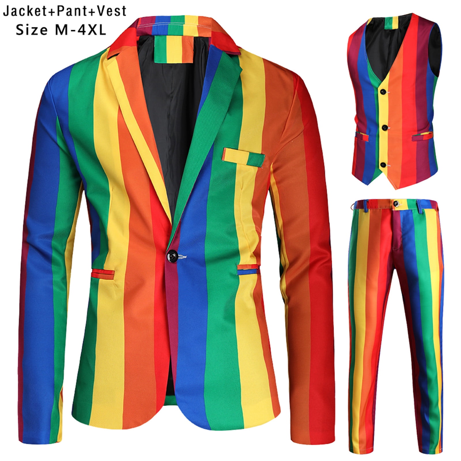 SMihono Men's Trendy Blazer Suit Jacket Long Sleeve Tuxedo Slim Fit Rainbow  Stripe Sports Business Pocket Work Office Lapel Collar Formal Button Front