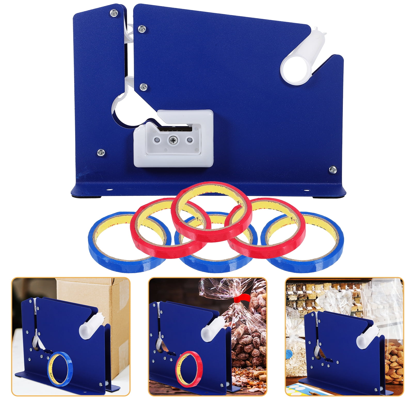Metal Bag Neck Sealer Tape Dispenser with 6 Rolls 12mm Tape for Retail, Grocery, Shop Use - Random Colors Included