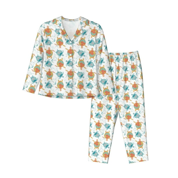Fotbe Sea Turtle Conjunto de Pijama de Manga Larga para Mujer con Estampado, Ropa de Dormir de 2 Piezas, Conjunto de Casa Suave y Cómodo con Bolsillos-Medium