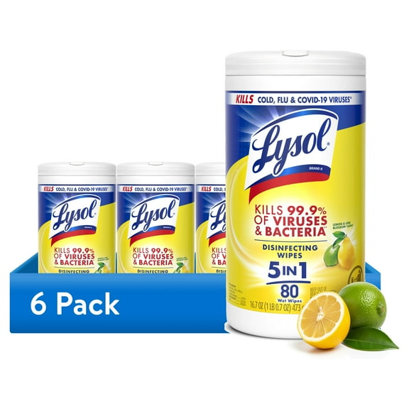 LYSOL Brand 19200-77182 7 in. x 7.25 in. Disinfecting Wipes - Lemon/Lime Blossom (6 Canisters/Carton, 80 Wipes/Canister)