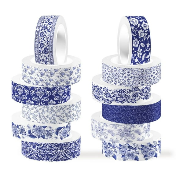 12 Rolls Blue Pattern Masking Tape Flower Masking Tape Paper Adhesive Chinese Style Floral Elegant White Diary Decorative Rolls for Scrapbooking Journal Notebooks Gift Wrapping DIY Crafts 1set