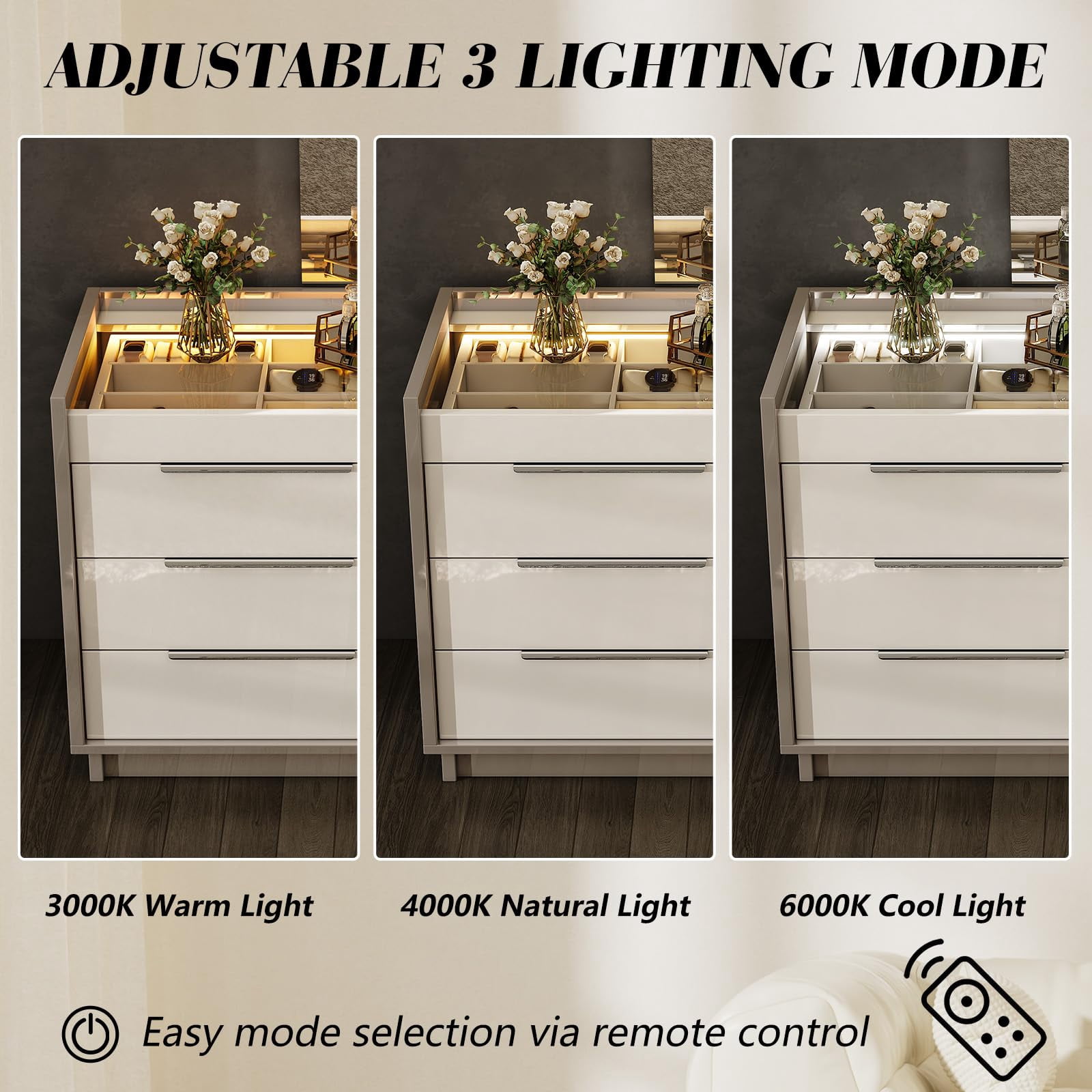 Papajet 47.2" W 8 Drawer Dresser with LED Light & Glass Top, Modern Storage Chest with 2 Jewelry Drawers, Storage Organizer for Bedroom, Cream & Grey