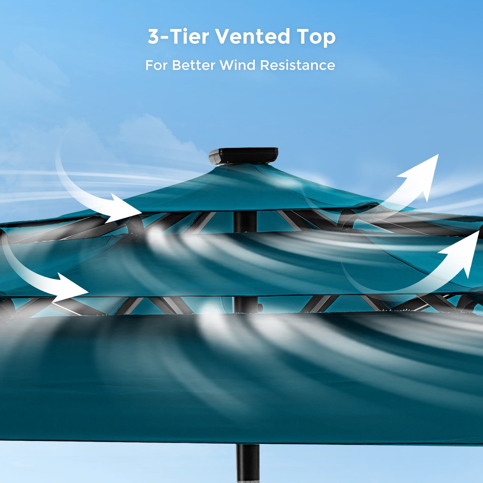 Patbrela 9ft 3-Tier Solar Patio Umbrella with LED Lights, Tilt Adjustment Outdoor Umbrella, Market Sun Shade for Beach, Backyard, Deck, Poolside, Dark Gray