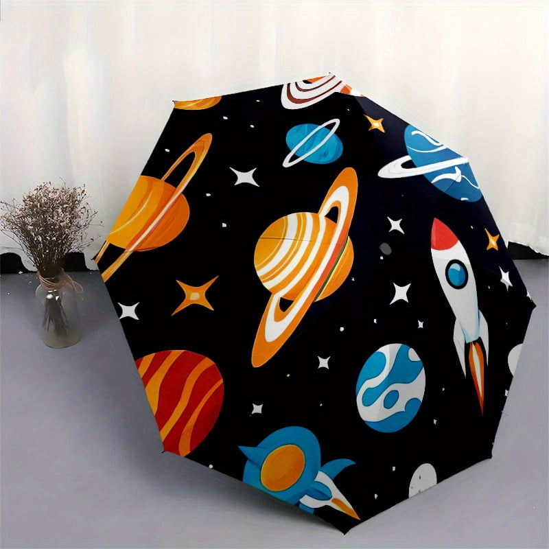 Space exploration umbrella with vivid cartoon planet and star design - compact automatic opening/closing, sturdy 8-rib steel frame, lightweight travel umbrella suitable for all seasons