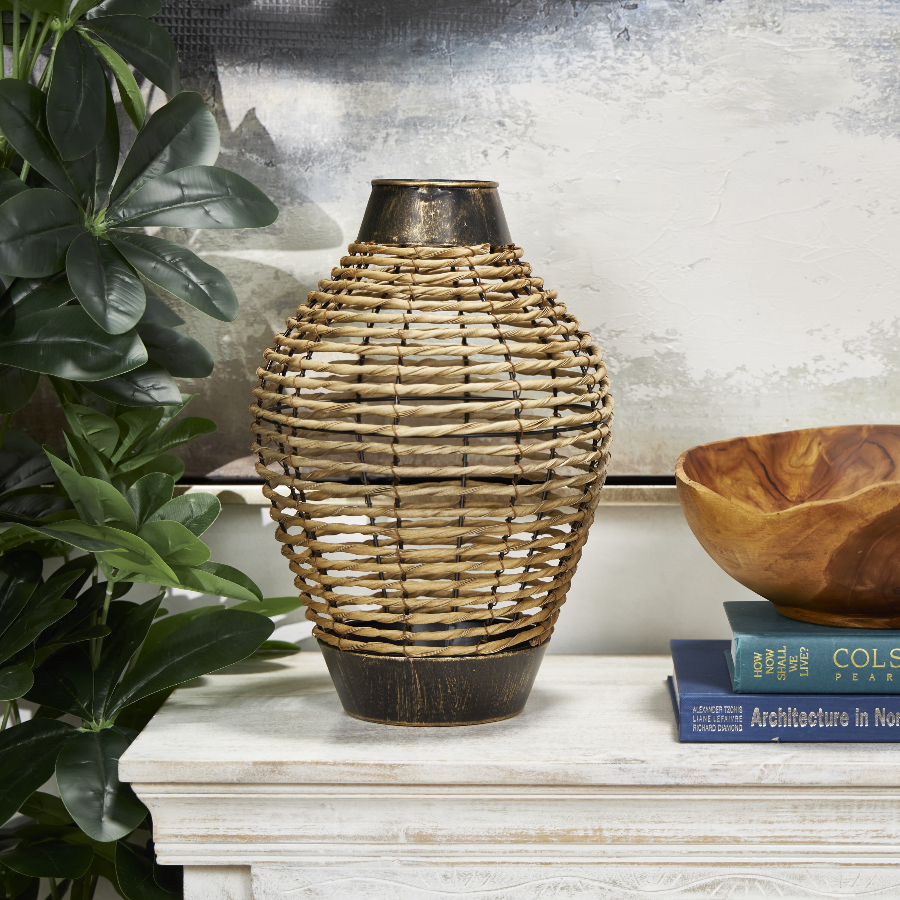 DecMode 16" Handmade Twisted Bronze Plastic Rattan Vase with Open Frame Design and Bronze Metal Details