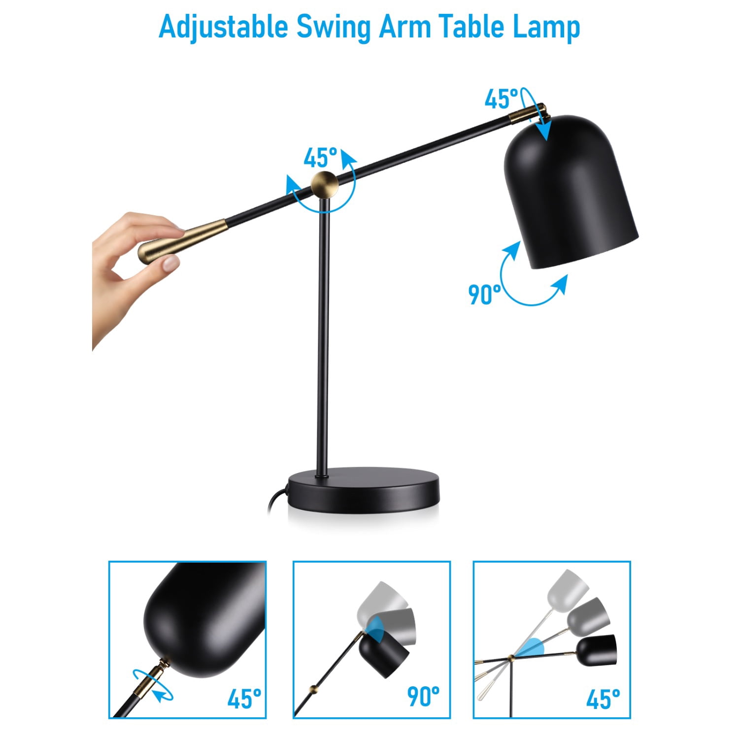 Aesthetic Metal Table Lamp, E26 Base, Adjustable Swing Arm, Max 60W, On/Off Switch