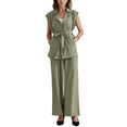 thumbnail image 2 of INSPIRE CHIC Women's Summer 2 Piece Outfits Cap Sleeve Work Casual Wide Leg Pant Sets S Army Green, 2 of 6