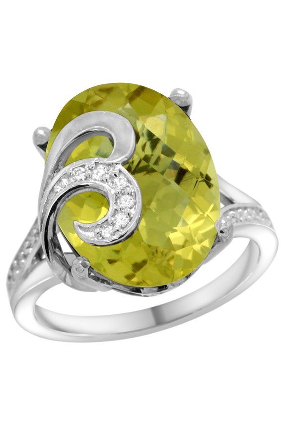 14k White Gold Natural Lemon Quartz Ring 16x12 mm Oval Shape Diamond Accent, 5/8 inch wide, size 7.5