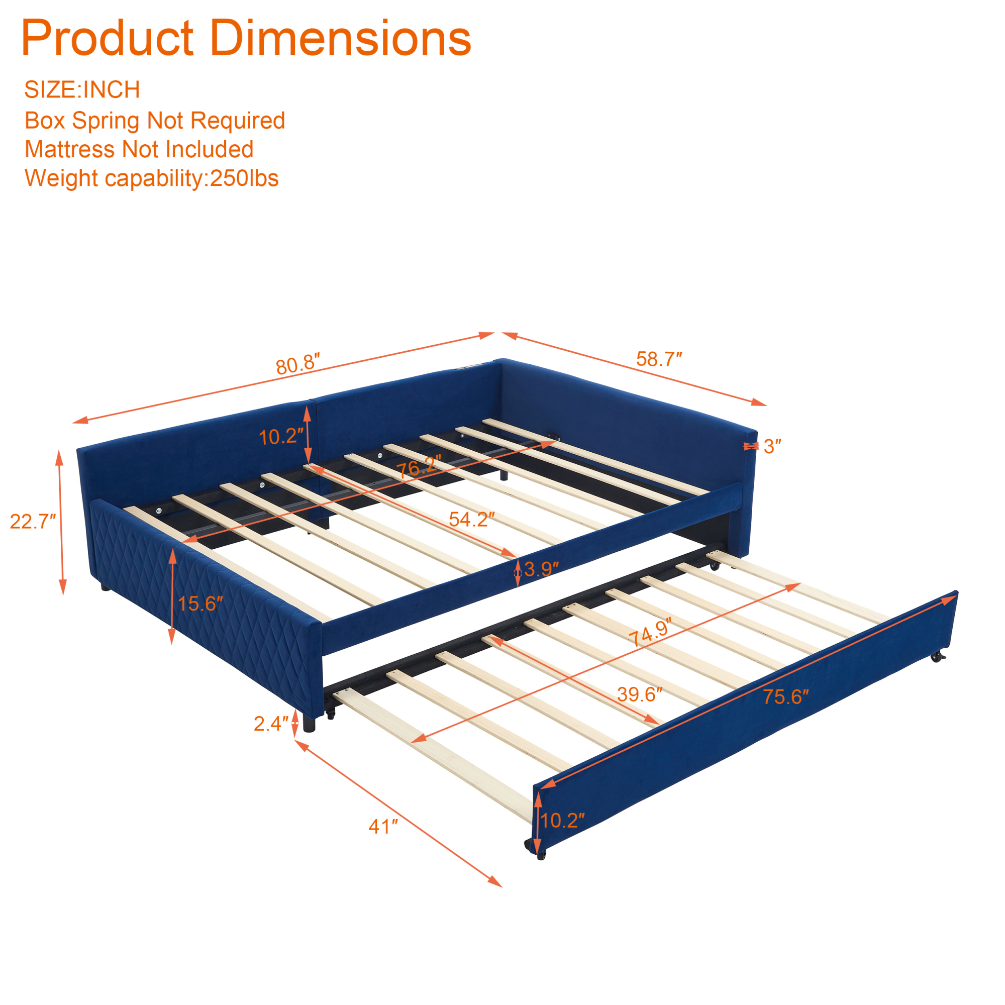 Leumius Upholstered Daybed with Trundle,Sturdy Wooden Bed Frame, Modern Diamond Grid Design for Bedroom Guest Room (Navy)