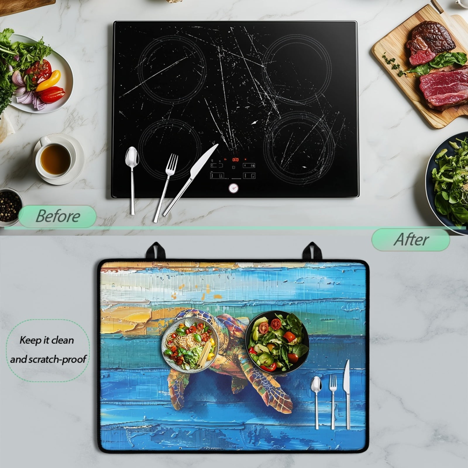 Renewold Stove Top Cover for Electric Stove, Non-skid Glass Electric Stove Top Mat, Induction Electric Stove Top Protector for Kitchen Counter Top, Sea Turtle Wood Grain Blue