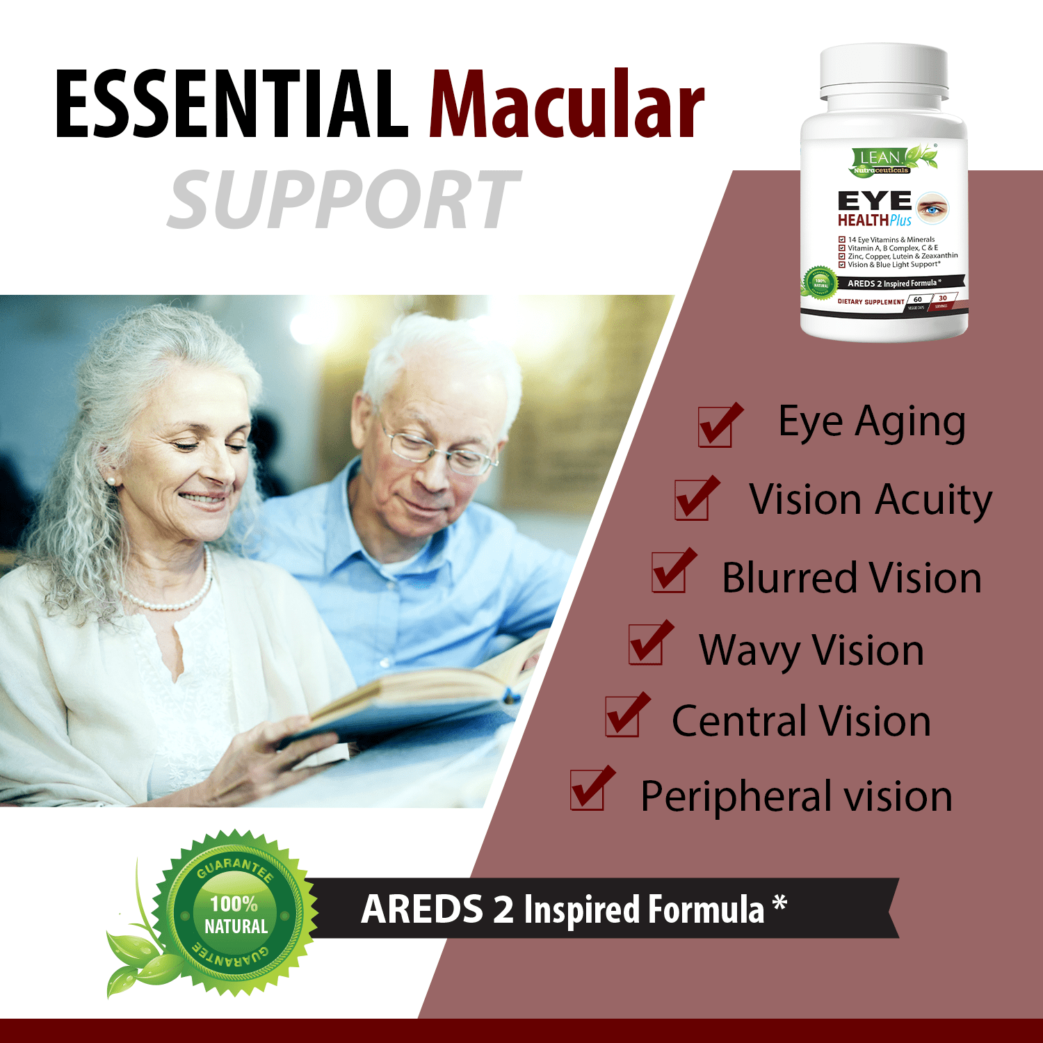 LEAN Nutraceuticals Eye Health Plus with Vitamins A B C E, Lutein, Zeaxanthin, Zinc, Bilberry - 60 Capsules