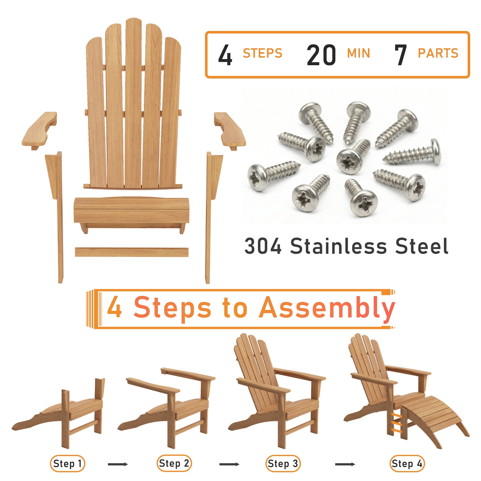 Outdoor Wooden Adirondack Chair with Footrest, Teak Leisure Line Adirondack Chair All Weather Fire Pit Chair Suitable for Patio Lawn Gardens Terraces Poolside