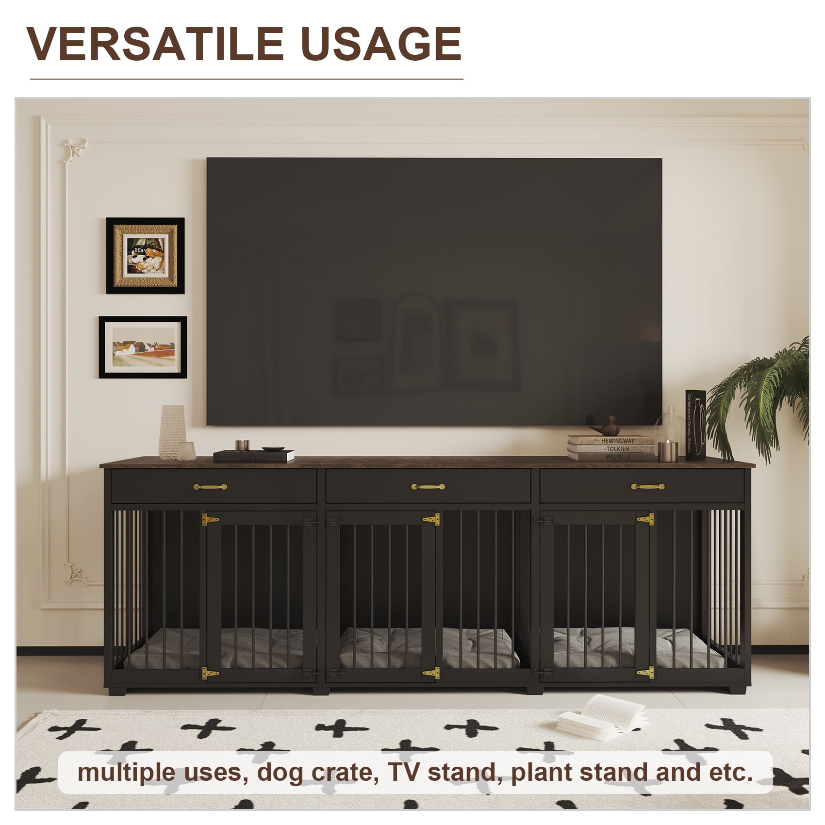 Jenser Multi-Functional 3-Door 95" Wooden Furniture Style Crate for Dog with 2 Dividers