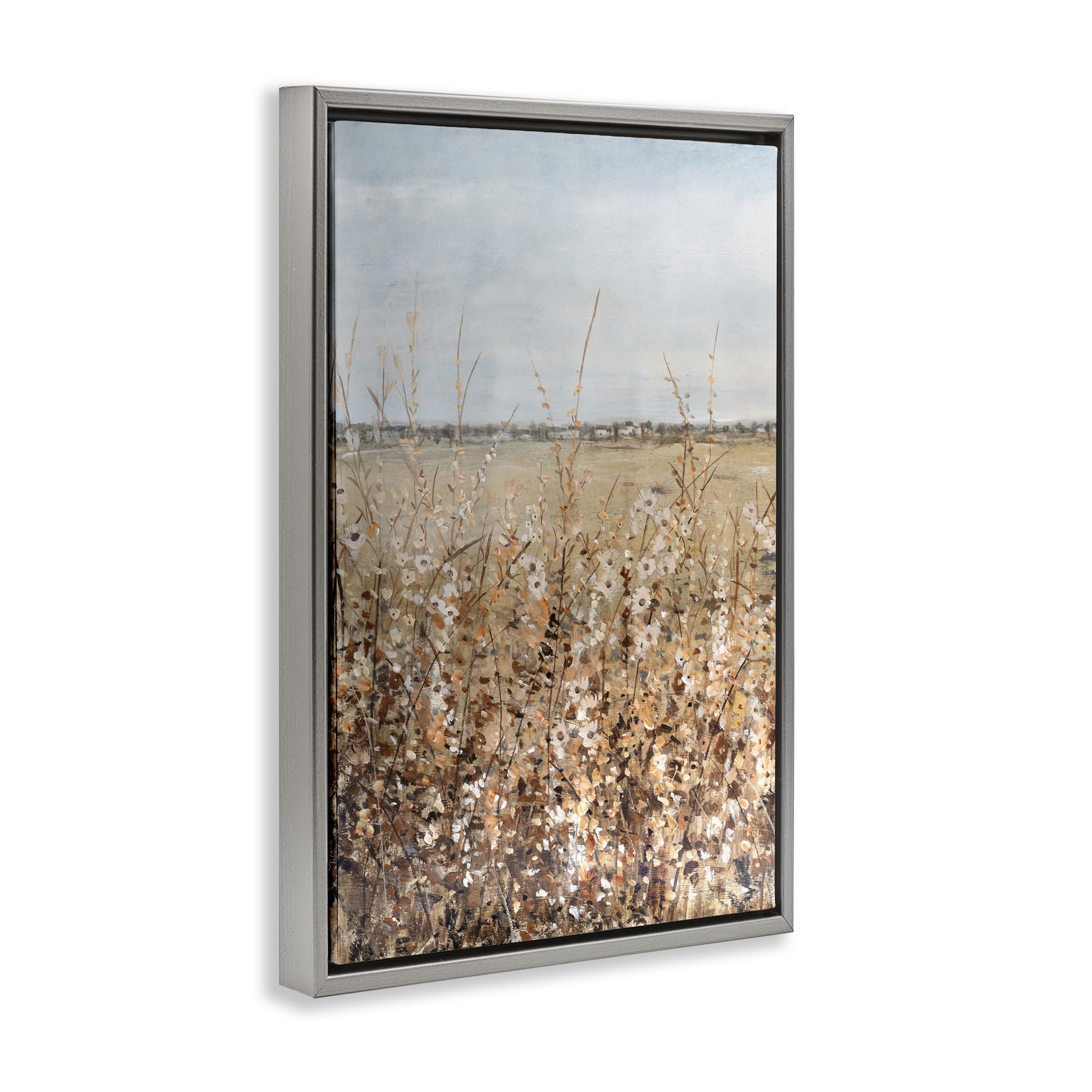 Stupell Industries Neutral Meadow Sprigs Landscape & Nature Painting Gray Floater Framed Canvas Art Print Wall Art, 17 x 25