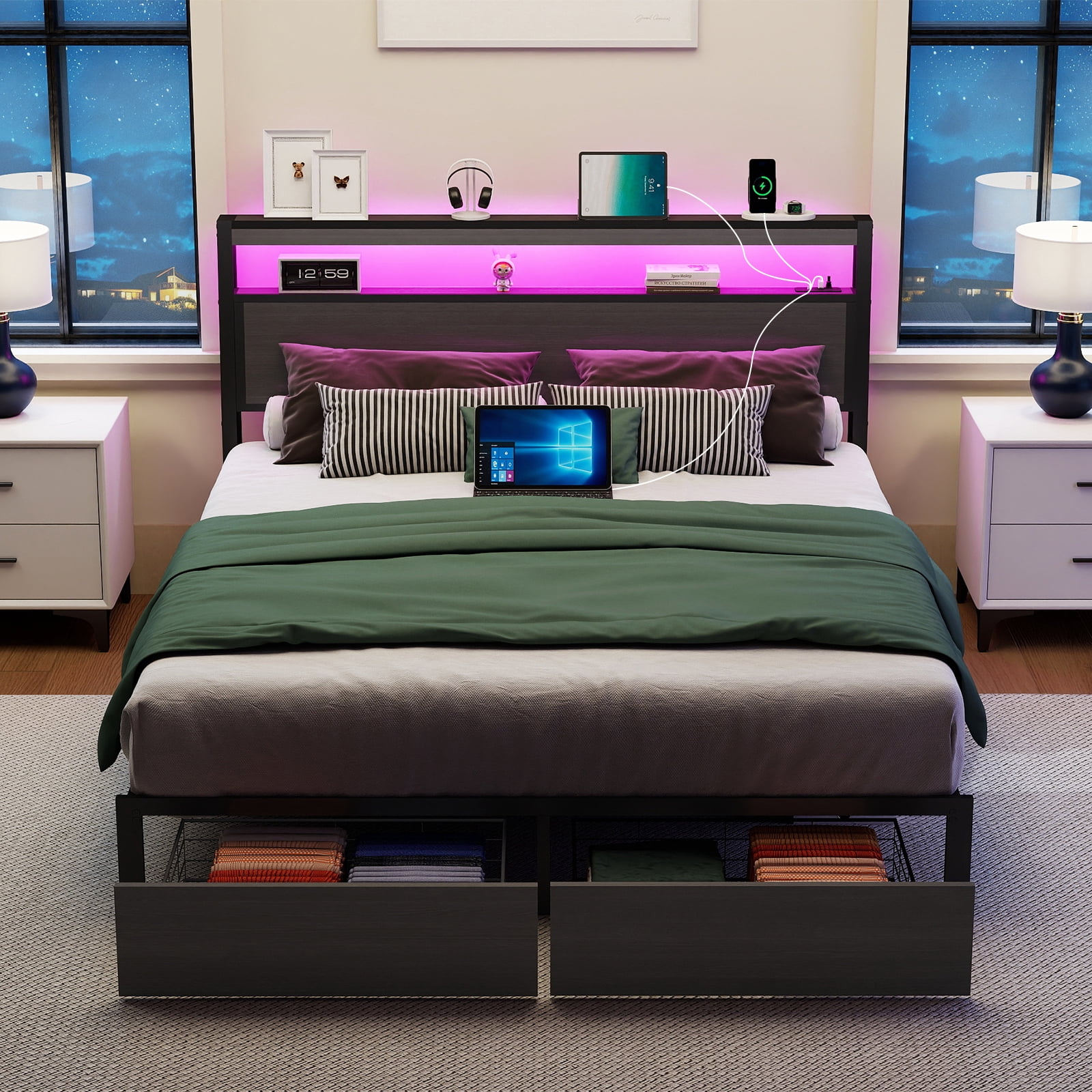 DRNANLIT Queen Bed Frame with 2-Tier Storage Headboard, Metal Bed Frame with 2 Drawers & Built-in Charging Station & LED, Noise-Free, No Box Spring Needed, Easy Assembly,Black Grey