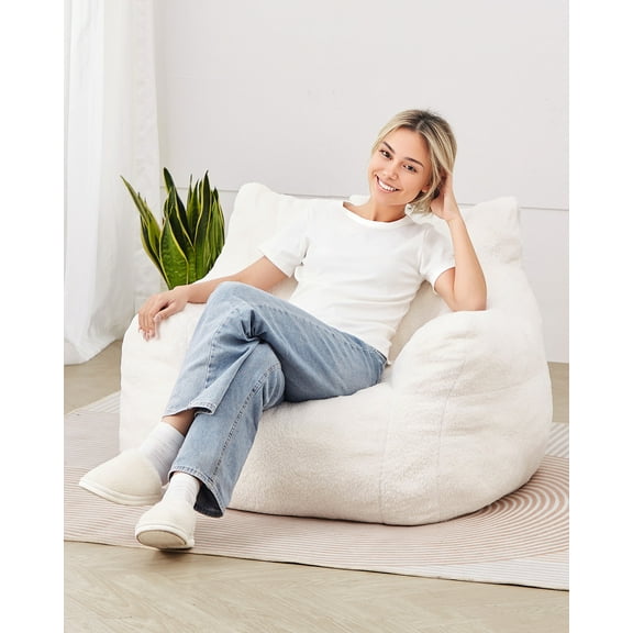 LINJH 3 feet Bean Bag Chair with Soft Armrests Storage Pocket Lazy Sofa White