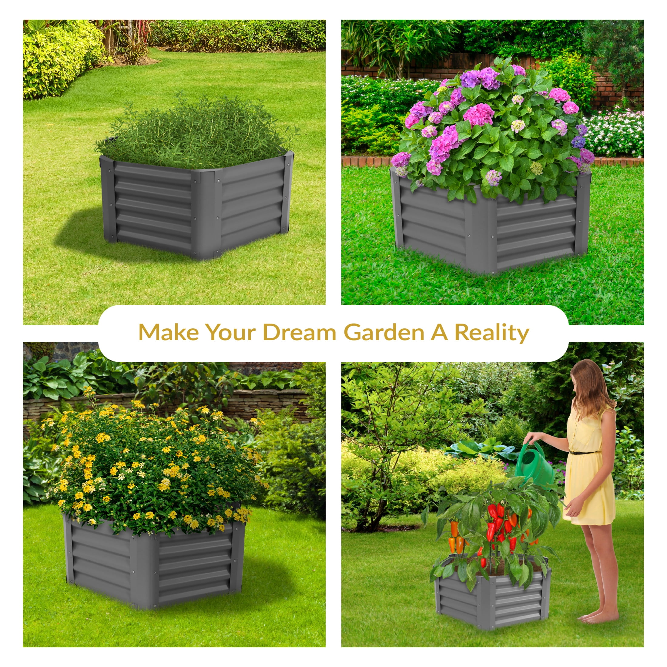 Sunnydaze 41" x 35.5" x 16.25" Hexagon Gray Galvanized Steel Raised Garden Bed