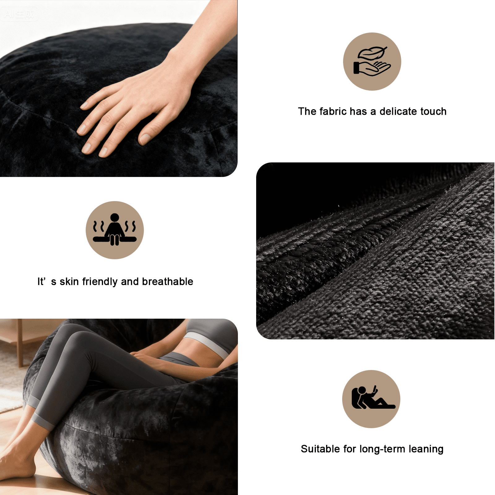 Sanae 6FT Large Bean Bag Chair, Memory Foam Sofa with Washable Suede Cover, Reinforced Zipper for Adults Kids Living Room Bedroom, Black