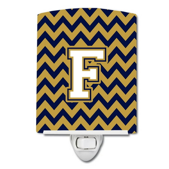 Letter F Chevron Navy Blue and Gold Ceramic Night Light