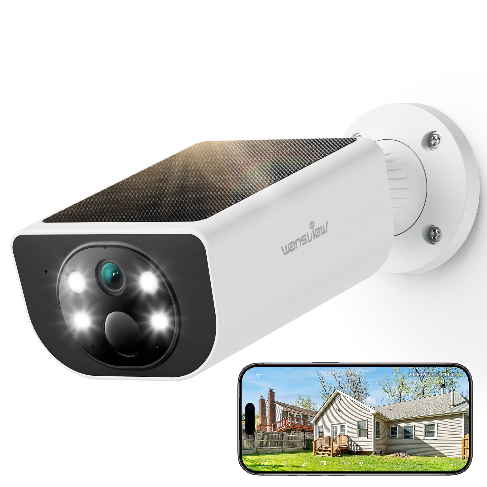 WANSVIEW 2K Security Camera Outdoor, IP65 Solar Camera Outdoor Wireless, Wireless Cameras for Home Security with Color Night Vision, Two-Way Audio, PIR Alert, 2.4G WiFi Only