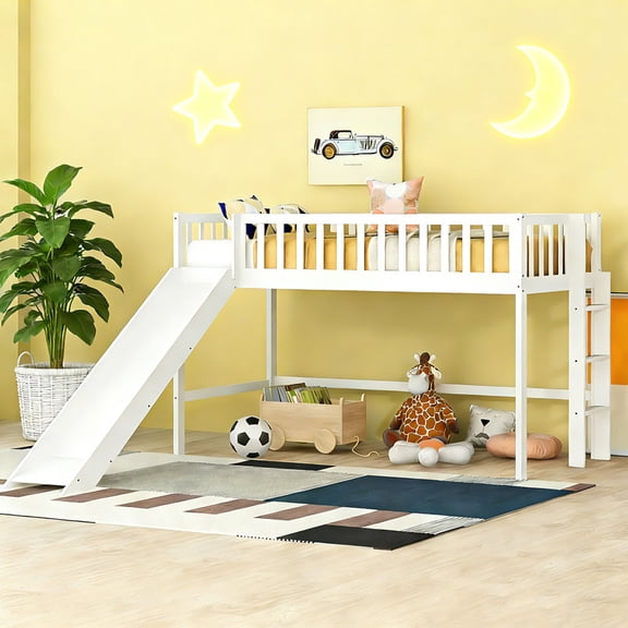 Bellemave Loft Bed with Slide, Low Loft Bed with Ladder, Wood Twin Size Loft Beds Frame with Guard Rails, Junior Space Saving Loft Bed Twin,White