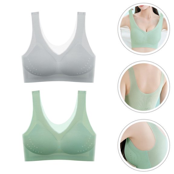 FOMIYES 2Pcs Light Green Silver Gray Nylon Women Bra for Daily Wear and Sports Comfortable Underwear XL 15.7X5.9X0.4In