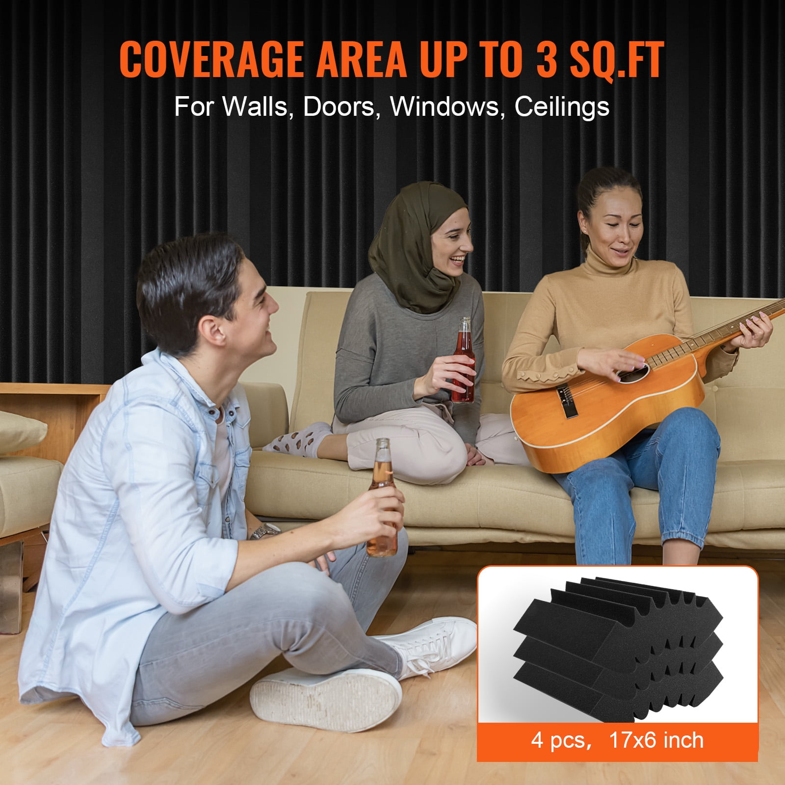 VEVOR Acoustic Foam Panels,4 Pack 16.5 x 6.3 x 12 inches,Adhesive High Density Soundproof Wall Panels,Sound Dampening Absorbing Panel for Studio Wall and Ceiling,Black