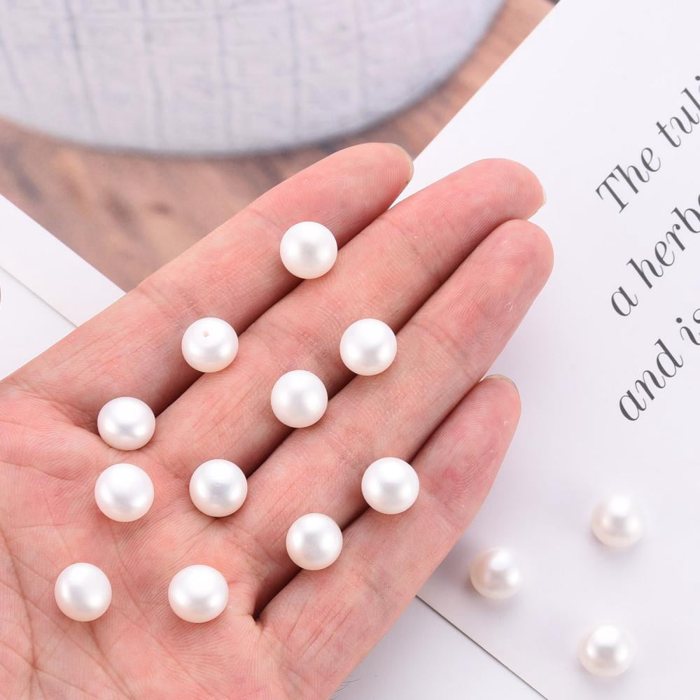 Grade AAA Natural Cultured Freshwater Pearl Beads Half Drilled Flat Round White 9~9.5x6.5mm Half Hole: 1mm