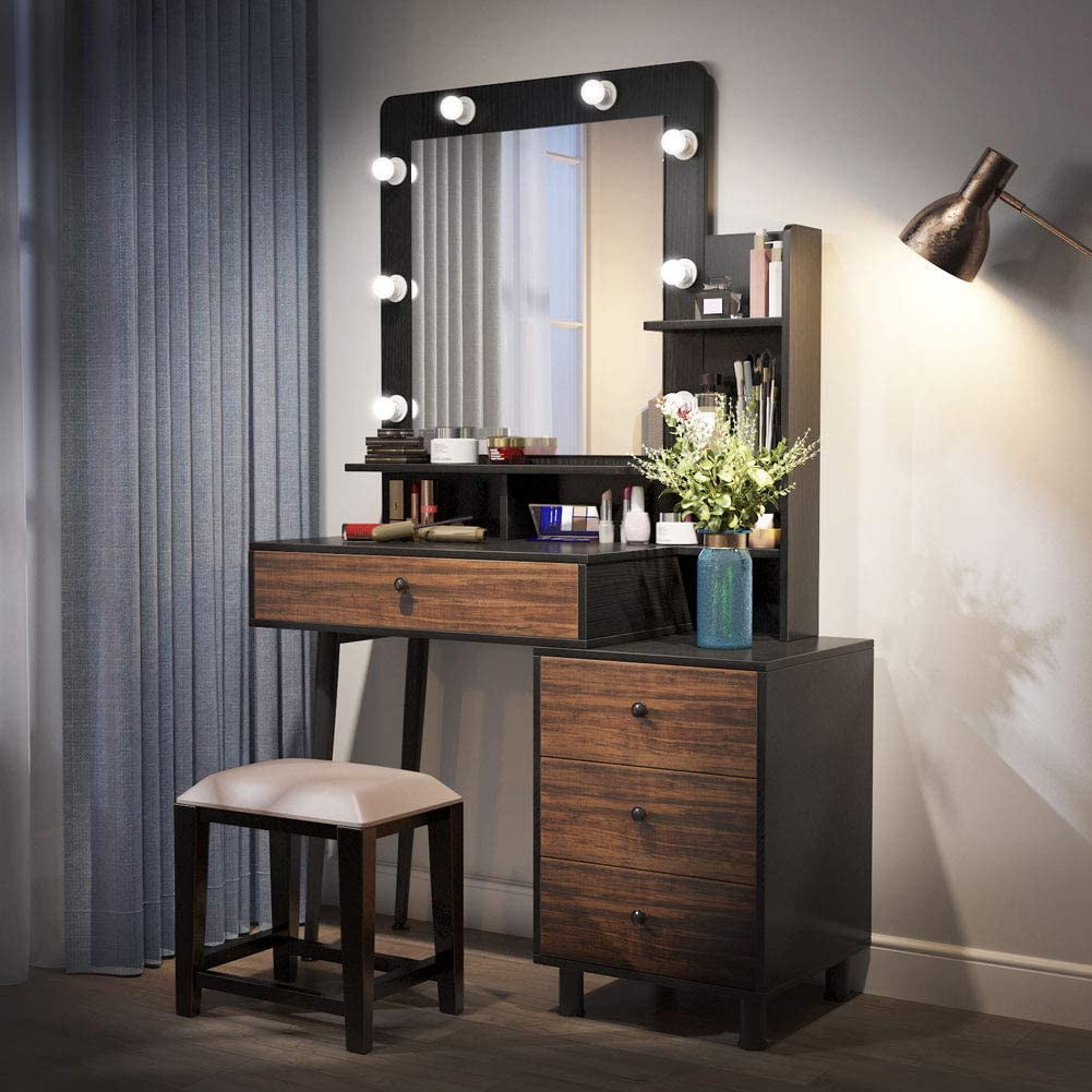 Makeup Vanity Table with Lighted Mirror, Vintage Makeup Dressing Table ...