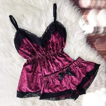 

Women V-Neck Eyelash Lace Sexy Stain Camisole Pajamas Bowknot Shorts Set