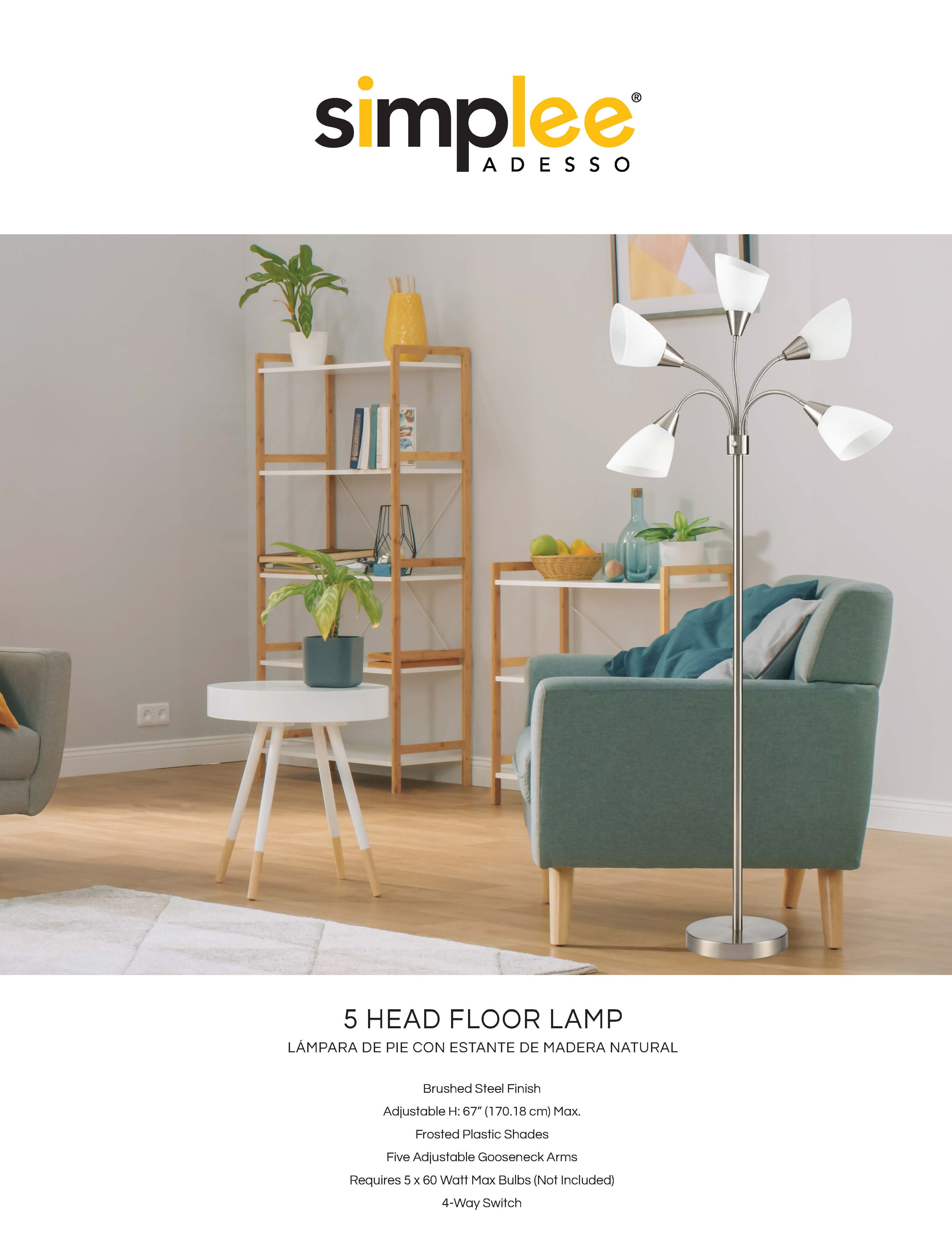 Simplee Adesso 67" 5-Light Modern Adjustable Arm Brushed Steel Floor Lamp with White Plastic Shades