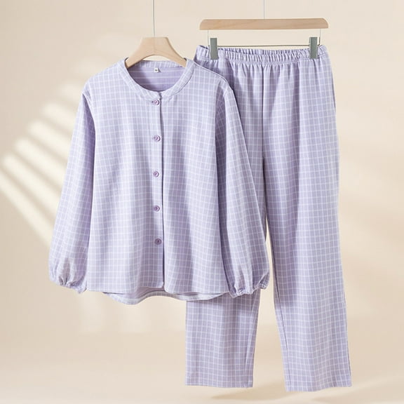 Fewfanhot Womens Pajama Sets Fall Winter Plaid Fleece Pajama Set Long Sleeve Shirt Button Down Pj
