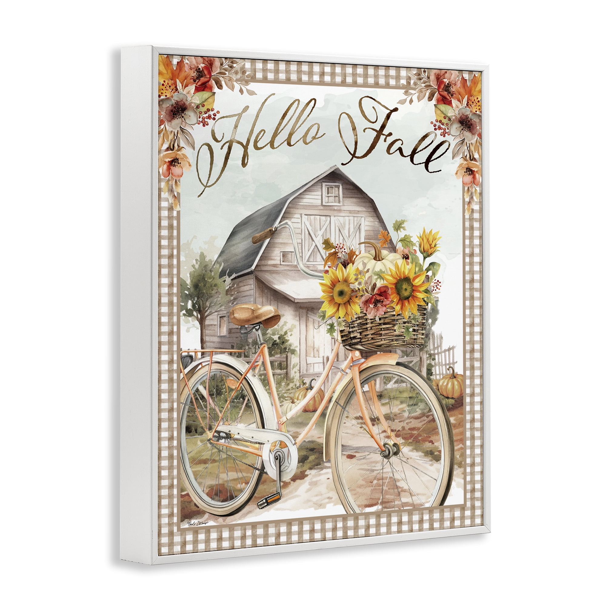 Stupell Industries Hello Fall Cottage Bicycle Botanical & Floral Painting White Framed Art Prints Wall Art, 16 x 20